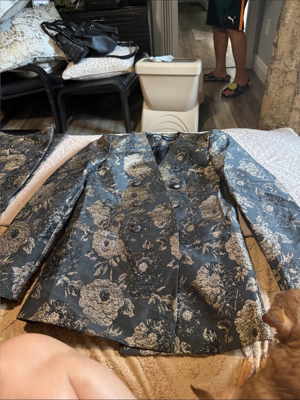 Zara Black Blazer with Metallic Gold Floral Jacquard